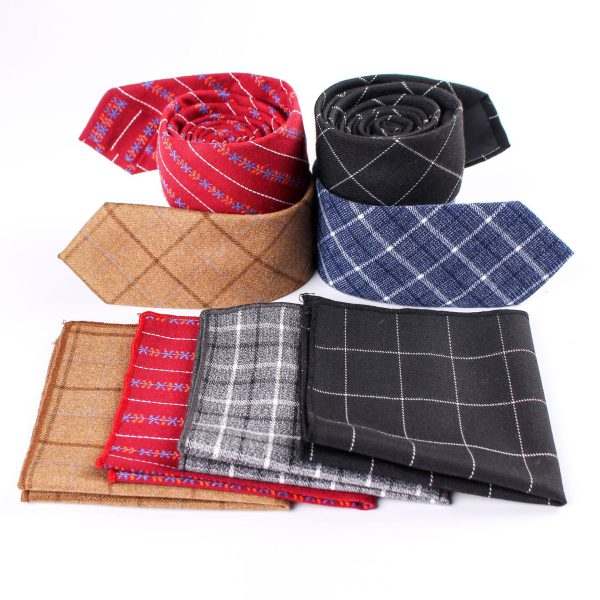 Business Casual Tie Men Cotton Plaid Pocket Square Wedding Party Fashion Tie Set - Image 2